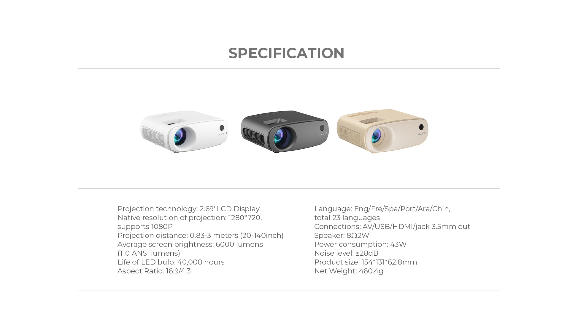 Proyector HD HAVIT PJ207-US, 110 Lumens, 1280x720, USB